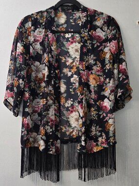 New Look Floral Kimono Size Small  Boho Sheer Cover Up Flowy Festival  Fringe